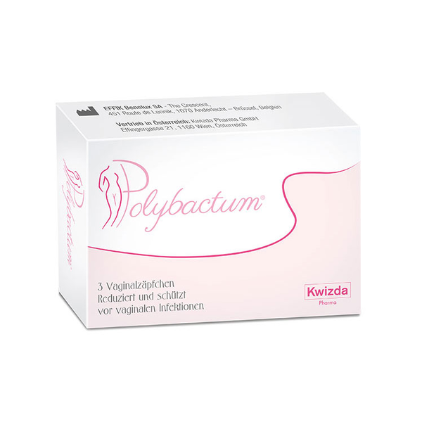 Weißer Karton mit pinken Akzenten, der Polybactum vaginalen Zäpfchen darstellt, schützt vor vaginalen Infektionen.