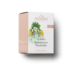Verpackung von Dr. Klades Bademeister Wacholder Sitzbadesalz mit illustrativem, entspannendem Froschmotiv.
