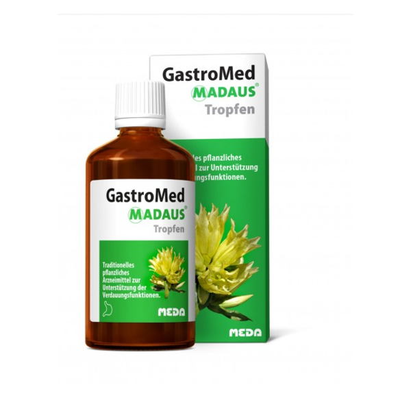 Braune Flasche mit weißen Deckel, beschriftet mit "GastroMed Madaus Tropfen" zur Unterstützung der Verdauungsfunktionen.