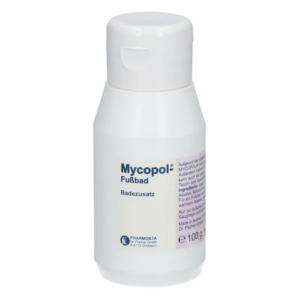 Weißer Kunststoffbehälter mit Schraubverschluss, mit Etikett für Mycopol Fußbad, Badezusatz.