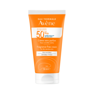 Sonnenschutzcreme von Avène in einer 50 ml Tube mit orangefarbenem Design und hohem Lichtschutzfaktor 50+.