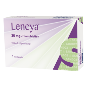 Verpackung mit Filmtabletten von Lencya, 30 mg, mit Hinweis auf den Wirkstoff Ulipristalacetat.