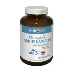 Braunflasche mit weißen Verschluss, enthält Omega-3 Kapseln mit Dorschöl, beschriftet mit NORSAN.
