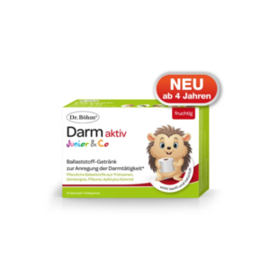 Verpackung des ballaststoffreichen Getränks "Darm aktiv Junior & Co" mit einem niedlichen Igelmotiv, für Kinder ab 4 Jahren.
