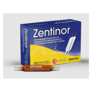 Verpackung von Zentinor, einem Nahrungsergänzungsmittel mit L-Arginin und L-Asparaginsäure, in einer blauen Schachtel mit 20 Glasampullen.