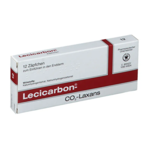 Verpackung von Lecicarbon-Zäpfchen zur Anwendung im Enddarm, enthält Kaliumhydrogentartrat und Natriumhydrogencarbonat.