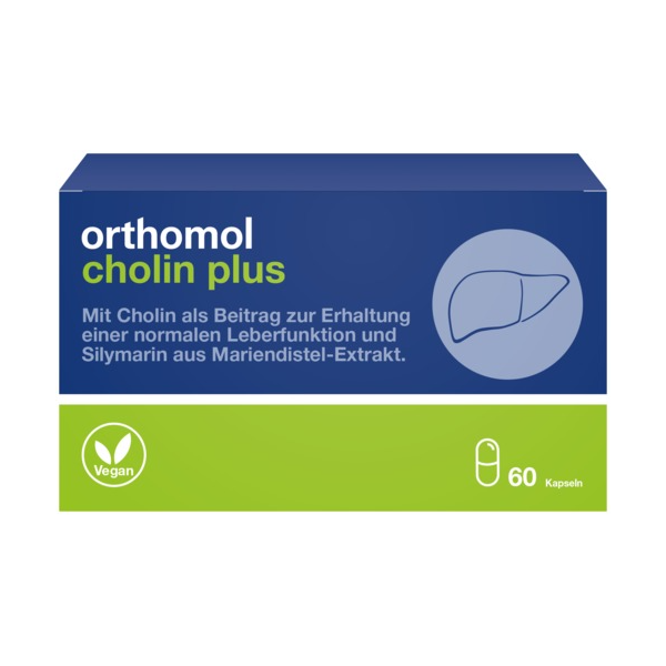 Verpackung von orthomol cholin plus, einem veganen Nahrungsergänzungsmittel für die Leberfunktion mit Kapseln.
