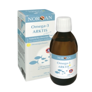 Braune Flasche mit Omega-3-Dorschöl in Zitronengeschmack, verpackt in einer blauen Kartonbox mit Informationen.