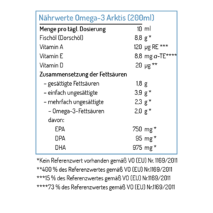 Nährwerttabelle für Omega-3 Arktis (200ml) mit Angaben zu Dosierung und Fettzusammensetzung.