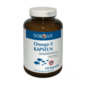 Braune Flasche mit weißen Deckel, enthält Omega-3 Kapseln aus Fischöl, etikettiert mit NORSAN und 120 Kapseln.