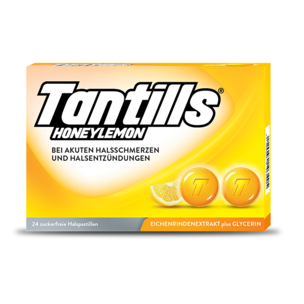 Packung mit Tantills Honey Lemon Halspastillen gegen Halsschmerzen, in gelber Farbe mit zitronigen Akzenten.
