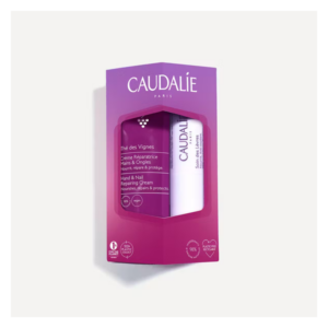 Verpackung mit zwei Pflegeprodukten von Caudalie: Hand- und Nagelcreme sowie Lippenbalsam, beide vegan und umweltfreundlich.