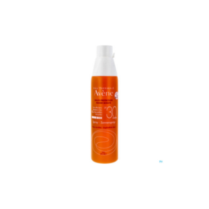 Sprayflasche mit orangefarbener Verpackung für Sonnenschutz mit LSF 30 der Marke Avène.