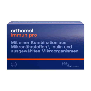 Verpackung von Orthomol immun pro, einem Nahrungsergänzungsmittel mit Mikronährstoffen und Inulin.