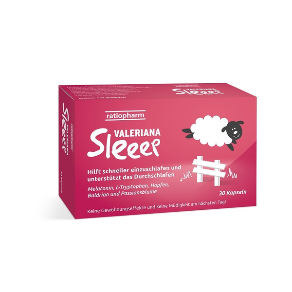 Verpackung von VALERIANA Sleeep mit einem Schaf-Symbol und Informationen zur Unterstützung des Schlafs.