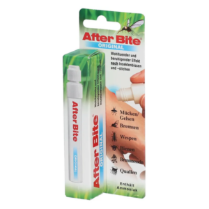 After Bite Original, ein Insektenstichmittel in einem weißen Applikator mit beruhigenden Eigenschaften, verpackt in einem grünen Karton.
