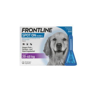Verpackung von FRONTLINE Spot On für Hunde L, zeigt Drogerieartikel gegen Flöhe, Zecken und Haarlinge in einer blauen Pipette.