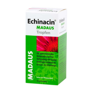 Packung von Echinacin Madaus Tropfen mit grüner und weißer Gestaltung für Atemwegserkrankungen.
