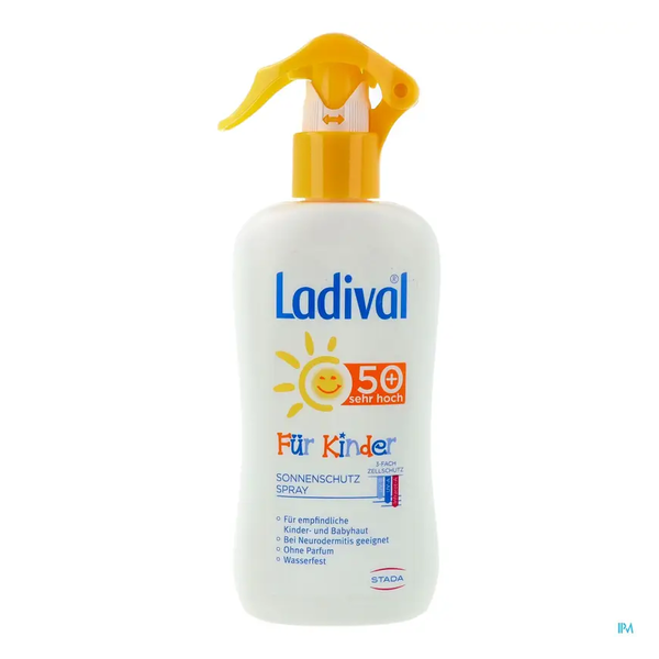 Ladival Sonnenschutzspray für Kinder mit sehr hoher Schutzfaktor 50+, in einer weißen Plastikflasche mit gelbem Spraykopf.
