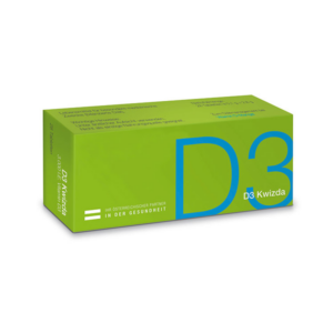 Grüne Verpackung mit der Aufschrift D3 Kwizda, Produktinformation auf der Seite, quadratisch und stabil.