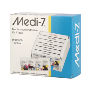 Medikamentendosierer für 7 Tage mit Fächern für jede Tageszeit und Wochentage auf der Verpackung.