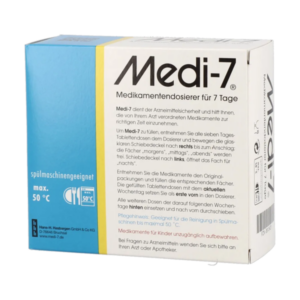 Medi-7 Medikamentendosierer für 7 Tage in einer blauen Verpackung mit Anleitung zur Nutzung.