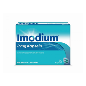 Packung mit Imodium 2 mg Kapseln gegen akuten Durchfall, enthält den Wirkstoff Loperamid.