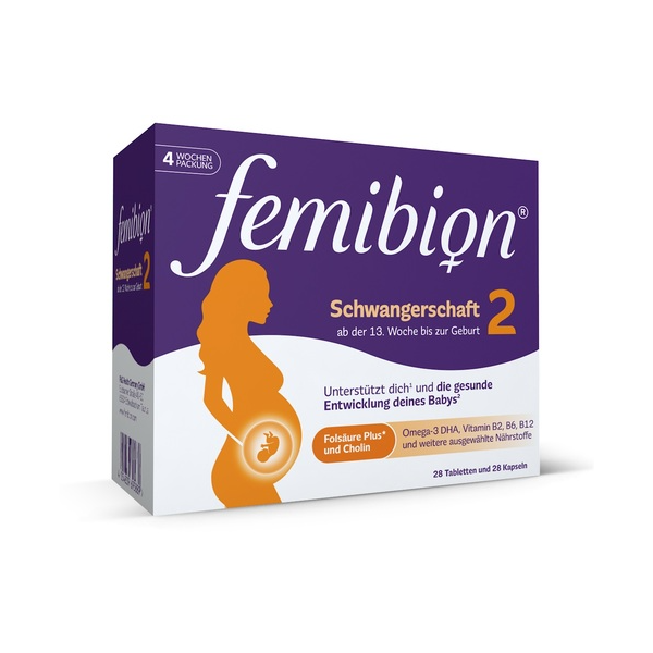 Packung von femibion Schwangerschaft 2 mit 28 Tabletten und 28 Kapseln, unterstützt die Entwicklung des Babys.