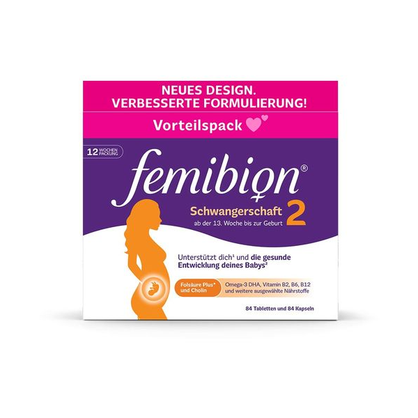Vorteilspack von femibion Schwangerschaft 2 mit 84 Tabletten und 84 Kapseln zur Unterstützung der Entwicklung des Babys.