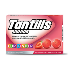 Verpackung von Tantills Junior Halspastillen für Kinder, rosa mit Erdbeermotiv und Hinweis auf Zuckerverfreiheit.