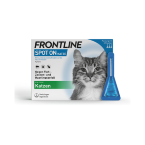 Verpackung von Frontline Spot on für Katzen, mit abgebildeter Katze und blauer Pipette zur Anwendung gegen Parasiten.