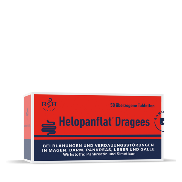 Packung Helopanflat Dragees für die Linderung von Blähungen, enthält Pankreatin und Simeticon.
