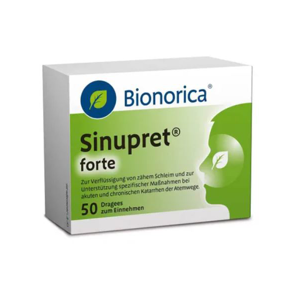 Packung von Bionorica Sinupret forte, zur Unterstützung bei Atemwegserkrankungen, mit 50 Dragees zum Einnehmen.