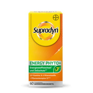Packung von Supradyn ENERGY PHYTO+ mit Vitaminen und Mineralstoffen, gelb mit grünem Etikett und Logo.