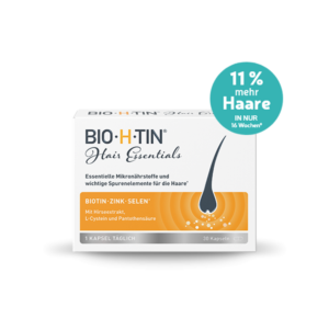 Verpackung von BIO-H-TIN Hair Essentials mit hervorgehobenen Inhaltsstoffen für Haarwachstum.