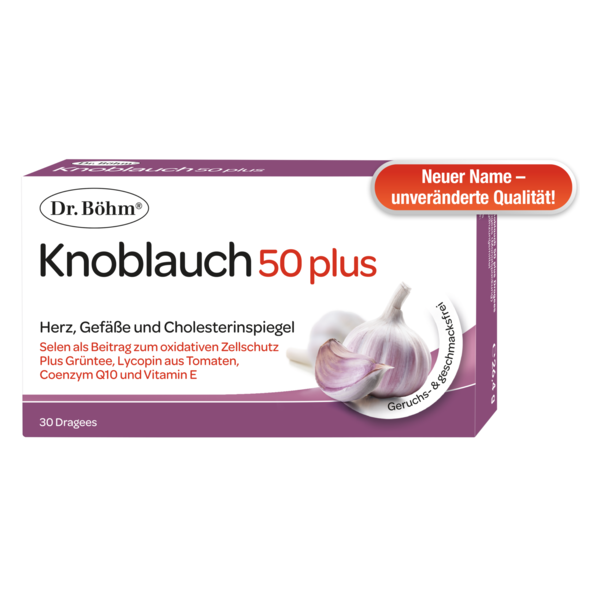 Verpackung von Dr. Böhm Knoblauch 50 plus, enthält Informationen zu Inhaltsstoffen und gesundheitlichen Vorteilen.