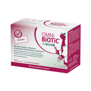 Verpackung von OMNi BiOTiC iMMUND, enthält 30 Saches mit Erdbeergeschmack zur Unterstützung des Immunsystems.