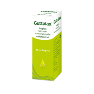 Verpackung von Guttalax Tropfen, 30 ml, mit grünem Design und Informationen zu Wirkstoff und Anwendung.