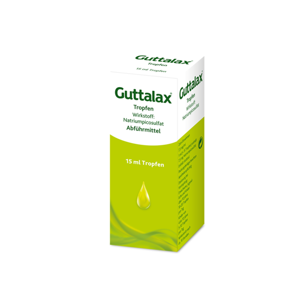 Verpackung von Guttalax Tropfen, die Natriumpicosulfat als Wirkstoff zur Abführmittelanwendung enthält.