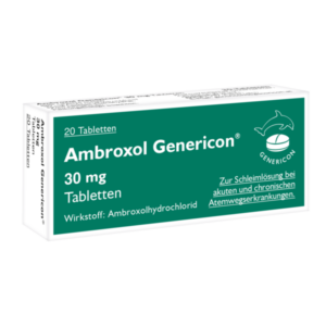Verpackung von Ambroxol Genericon, 30 mg Tabletten zur Schleimlösung bei Atemwegserkrankungen.
