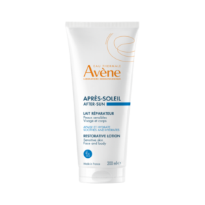 Tube mit reparierendem After-Sun-Lotion von Avène für sensible Haut, 200 ml, weiß mit orangefarbenem Logo.