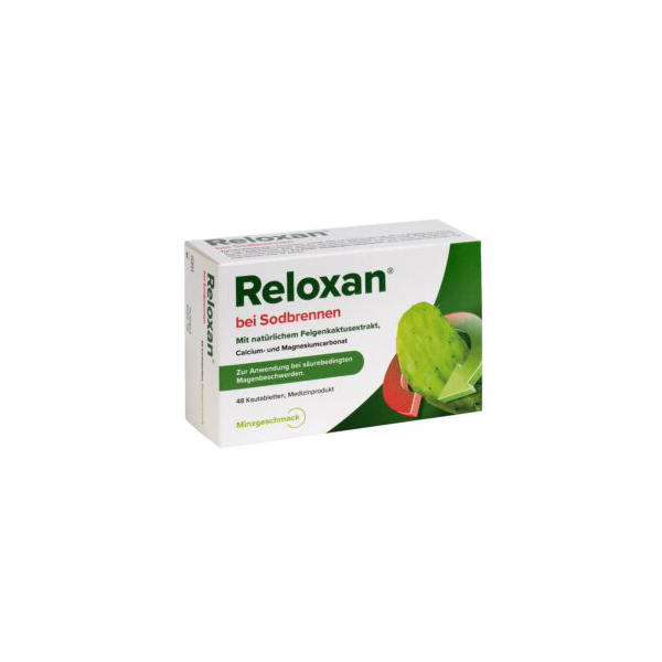 Verpackung von Reloxan, einem Mittel gegen Sodbrennen mit Feigenkaktus, Calcium und Magnesium, für 48 Kautabletten.