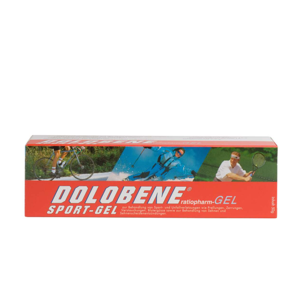 Packung mit Dolobene Sport-Gel für die Behandlung von Sportverletzungen, mit Bildern von Sportarten auf der Verpackung.