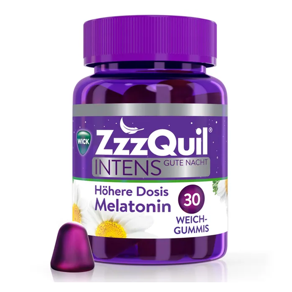 Lila Flasche mit Weichgummis zur Unterstützung des Schlafs, enthält Melatonin und beschreibt eine höhere Dosis.