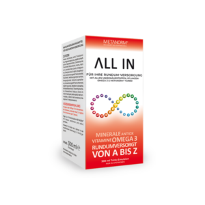 Verpackung des Nahrungsergänzungsmittels "ALL IN" mit Mikronährstoffen, Omega 3 und Metanorm, in 300 ml Flasche.