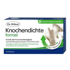 Verpackung von Dr. Böhm Knochen Dichte Formel mit Informationen zur Erhaltung der Knochenfestigkeit und Hinweis auf Calcium und Vitamin D3.