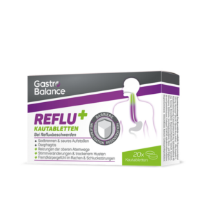 Verpackung von GastroBalance REFLU+ Kautabletten zur Linderung von Refluxbeschwerden, mit Hinweis auf Barriere und Neutralisation.