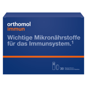 Verpackung von orthomol immun, betont wichtige Mikronährstoffe für das Immunsystem, blau mit orangefarbenem Akzent.