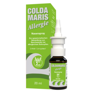 Nasenpflegeprodukt Coldamaris Allergie, enthält Carrageen, in einer grünen Verpackung mit Pumpaufsatz, 20 ml.