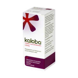Verpackung von kaloba Tropfen, pflanzliches Arzneimittel in einer weißen Box mit rotem Logo und Informationen zur Anwendung.